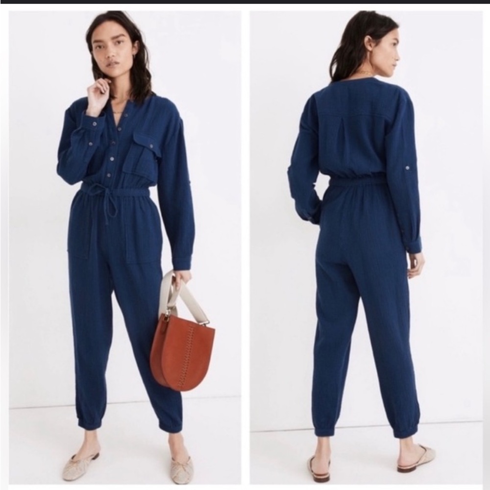 Madewell Jumpsuit - navy “light-spun tapered leg” button front long sleeve